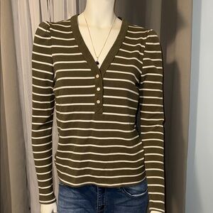 Olive Striped V-Neck Long Sleeve Top